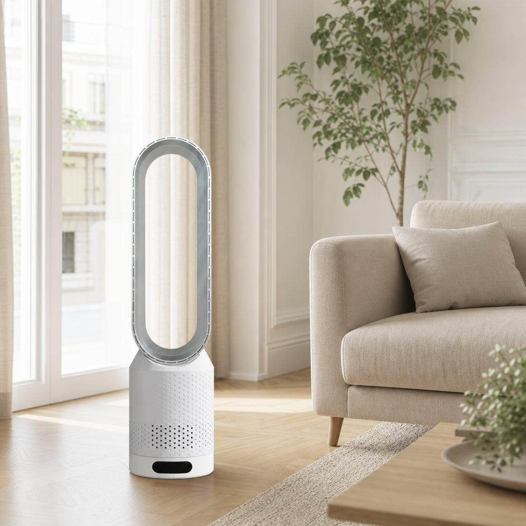 Ventilateur tour sans pales AirTower dans un salon européen lumineux au parquet clair