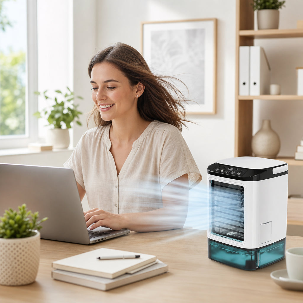 Femme en télétravail rafraîchie par le mini climatiseur FreshCube posé sur son bureau