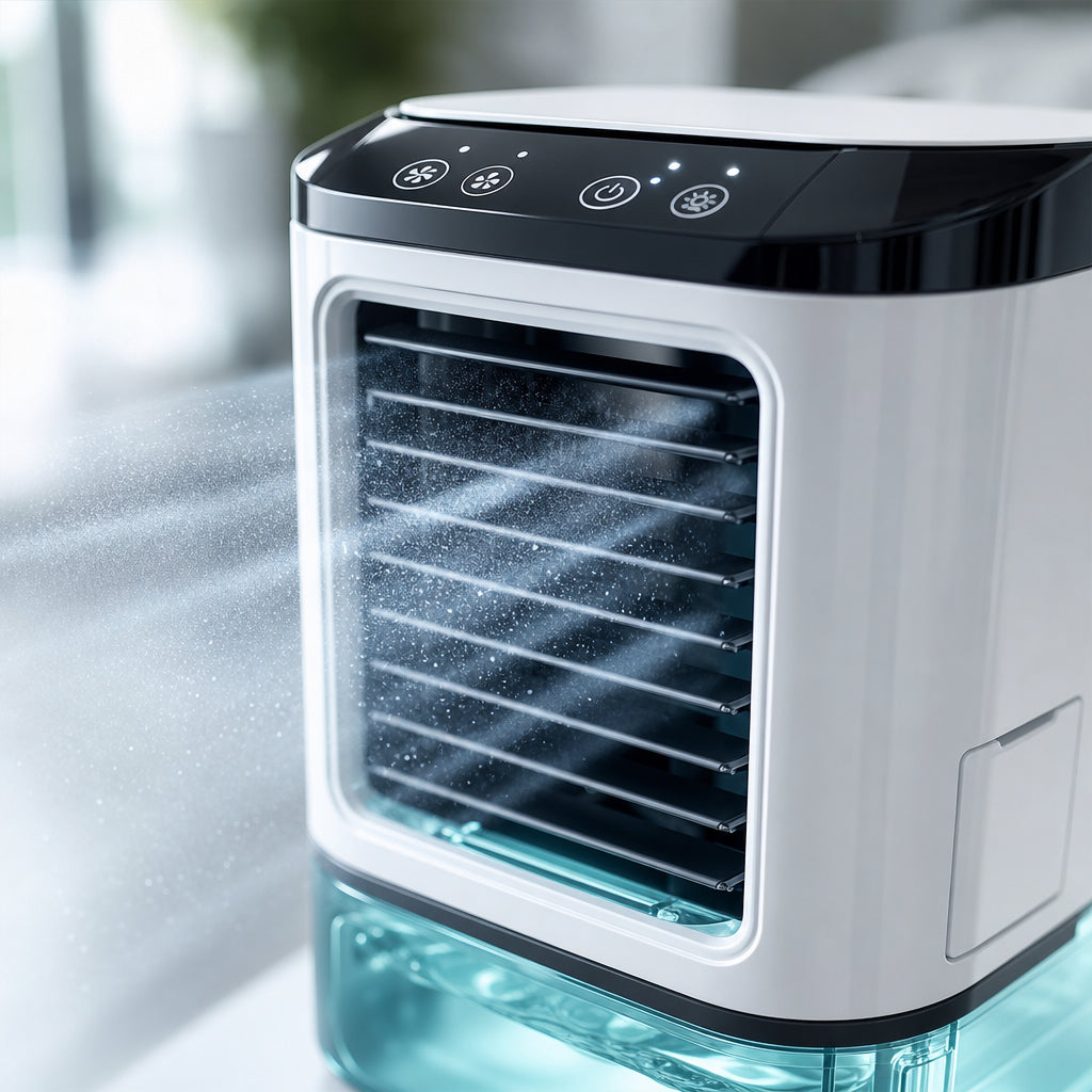 Gros plan de la brume ultrasonique du mini climatiseur FreshCube et de son réservoir 900 ml