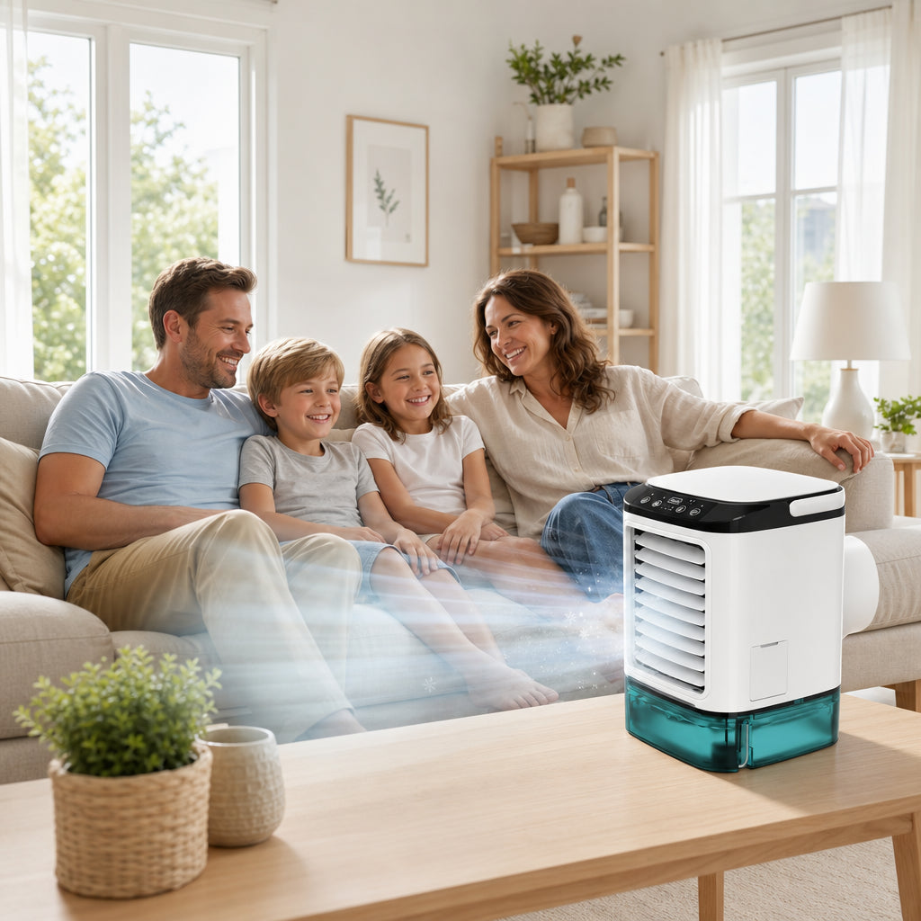 Famille dans le salon profitant de l'air frais du mini climatiseur portable FreshCube