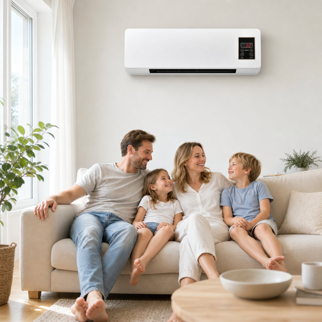 Famille détendue dans le salon sous le climatiseur mural AirWall réglé à 22 degrés