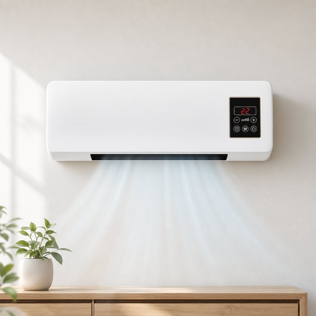Climatiseur mural AirWall 1800W blanc fixé au mur du salon diffusant de l'air frais