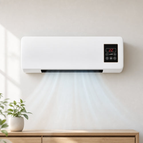 Climatiseur mural AirWall 1800W blanc fixé au mur du salon diffusant de l'air frais