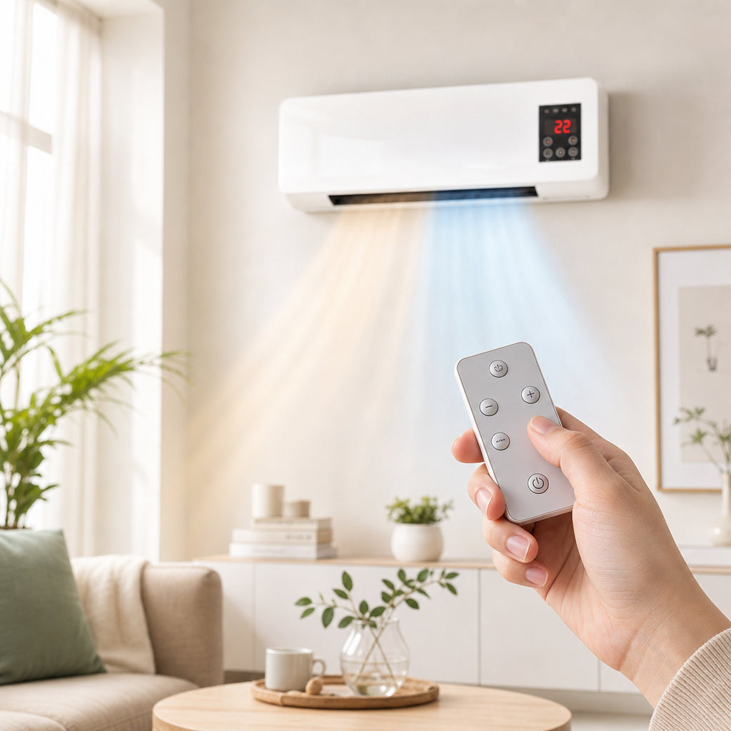 Télécommande du climatiseur mural AirWall pointée vers l'unité en mode chaud et froid