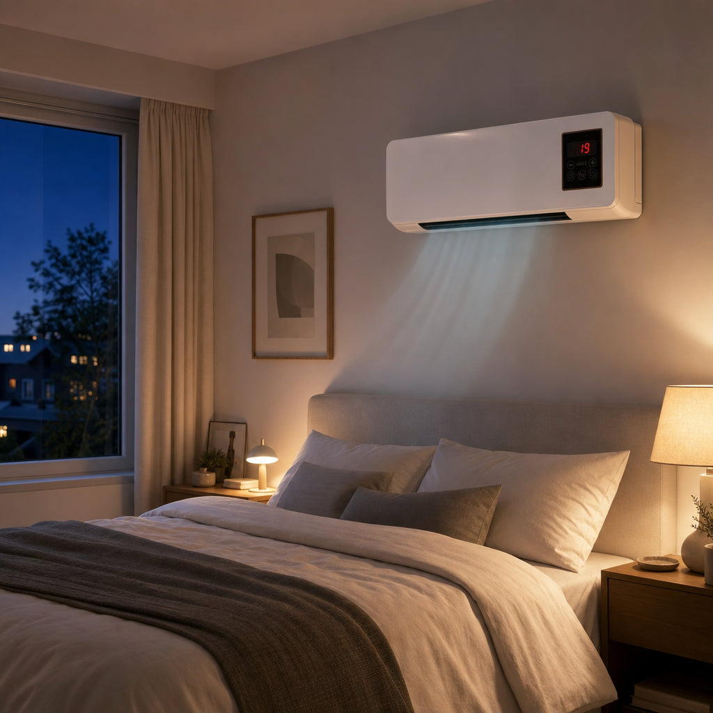 Climatiseur mural AirWall dans une chambre la nuit réglé à 19 degrés pour dormir au frais