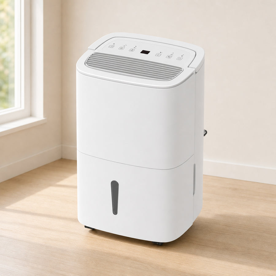Déshumidificateur connecté DrySense 30L blanc posé sur parquet clair contre un mur lumineux