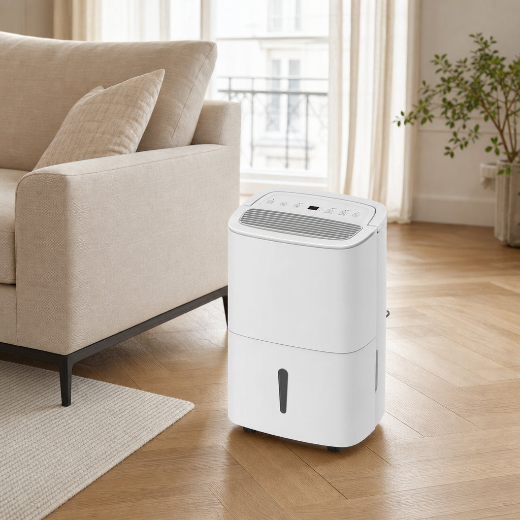 Déshumidificateur DrySense 30L dans un salon français lumineux à côté d'un canapé beige