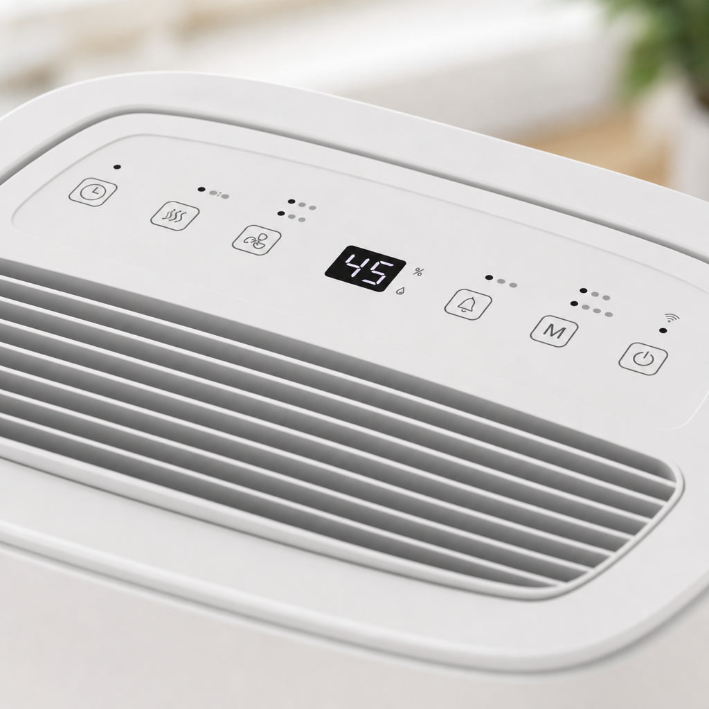 Gros plan du panneau de commande tactile du DrySense 30L avec affichage LED du taux d'humidité