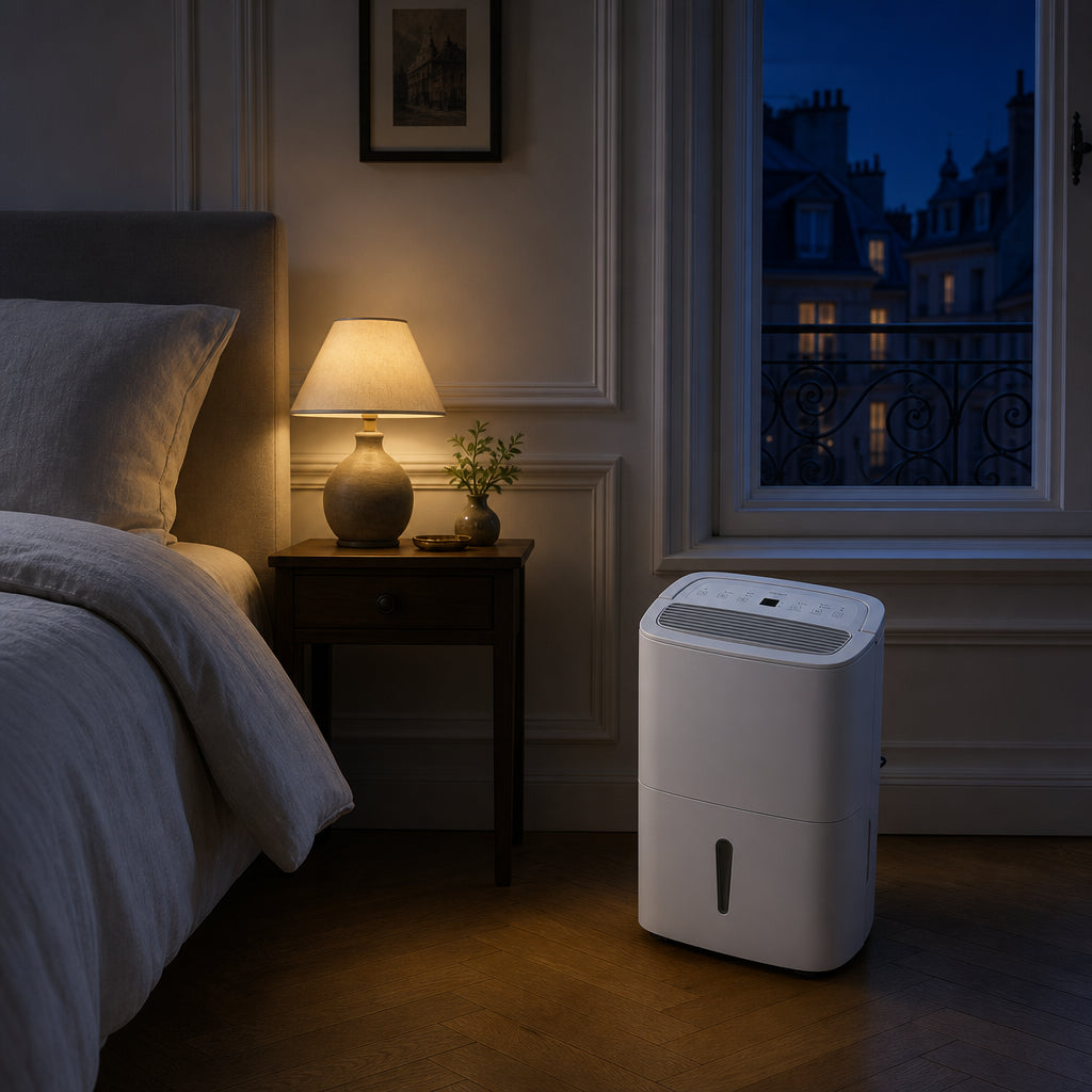 Déshumidificateur DrySense 30L fonctionnant silencieusement dans une chambre parisienne la nuit