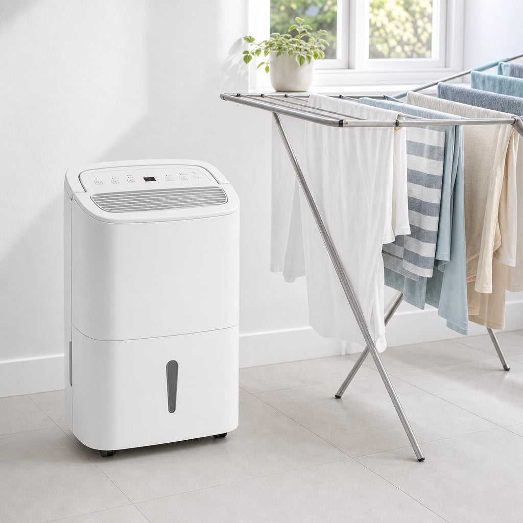 DrySense 30L en mode séchage du linge à côté d'un étendoir dans une buanderie lumineuse